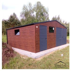 Garaż blaszany 6x6 dach dwuspadowy drewnopodobny orzech brama uchylna drzwi wejściowe antracyt okno 100x60