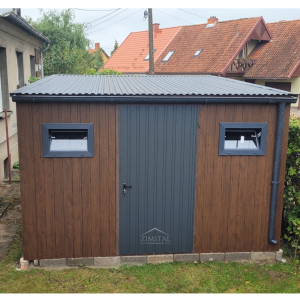 garaż blaszany 3x3 domek ogrodowy schowek narzędziowy spad dachu do przodu kolor drewnopodobny orzech drzwi antracyt grafit