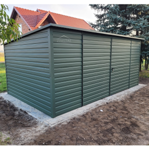 garaż blaszany 4x3 domek ogrodowy schowek narzędziowy spad dachu do tyłu kolor zielony brama dwuskrzydłowa