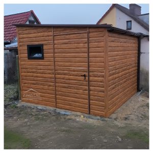 garaż blaszany 2,5x3 domek ogrodowy schowek narzędziowy spad dachu na bok prawy kolor drewnopodobny złoty dąb drzwi