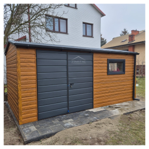 garaż blaszany 5x3 domek ogrodowy schowek narzędziowy spad dachu na boki dwuspadowy kolor drewnopodobny złoty dąb brama dwuskrzydłowa antracyt grafit