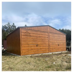 garaż blaszany 6x6 dwustanowiskowy drewnopodobny złoty dąb brama dwuskrzydłowa dwuspadowy dach