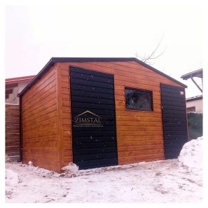 garaż blaszany 4x3 dach dwuspadowy domek ogrodowy schowek narzędziowy drewnopodobny złoty dąb drzwi czarny okno 100x60