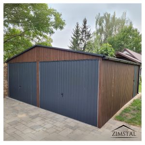 garaż blaszany 6x6 dwustanowiskowy drewnopodobny orzech brama uchylna antracyt dach dwuspadowy