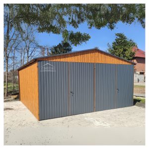 garaż blaszany 6x6 dwustanowiskowy drewnopodobny złoty dąb brama dwuskrzydłowa antracyt dwuspadowy dach