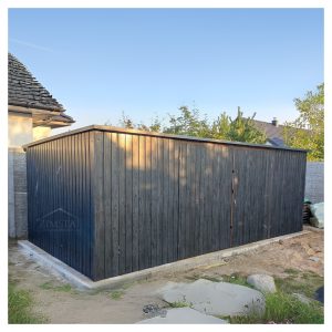 garaż blaszany 6x3 jednospadowy do tyłu jednostanowiskowy drewnopodobny grafit brama dwuskrzydłowa