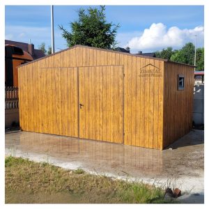 garaż blaszany 5x4 jednostanowiskowy drewnopodobny złoty dąb dwuspadowy brama otwierana na boki okno 60x40