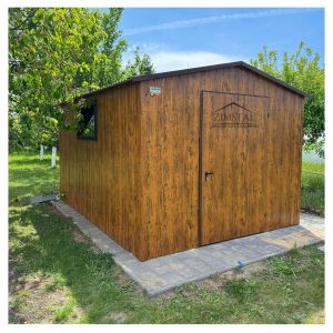 garaż blaszany 2,5x3 schowek narzędziowy domek ogrodowy drewnopodobny złoty dąb dwuspadowy drzwi okno 100x60