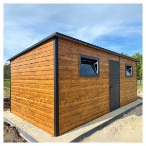 Domek ogrodowy 6×3 dach jednospadowy do tyłu kolor drewnopodobny złoty dąb