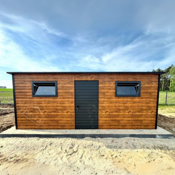 Domek ogrodowy 6×3 dach jednospadowy do tyłu kolor drewnopodobny złoty dąb
