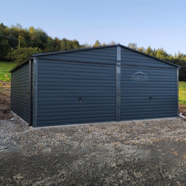 Garaż blaszany 6×6 dwustanowiskowy dach dwuspadowy kolor antracyt