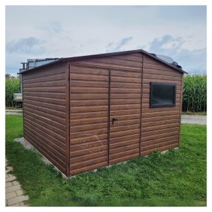 Garaż blaszany domek ogrodowy 3,5×3,5 dach dwuspadowy kolor drewnopodobny orzech