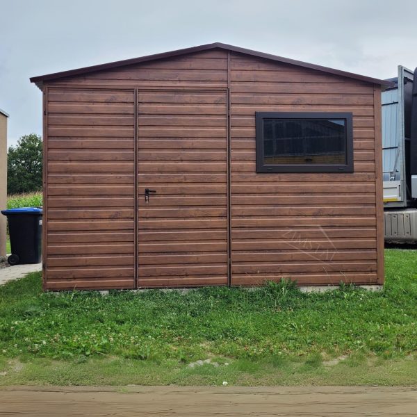 Garaż blaszany domek ogrodowy 3,5×3,5 dach dwuspadowy kolor drewnopodobny orzech