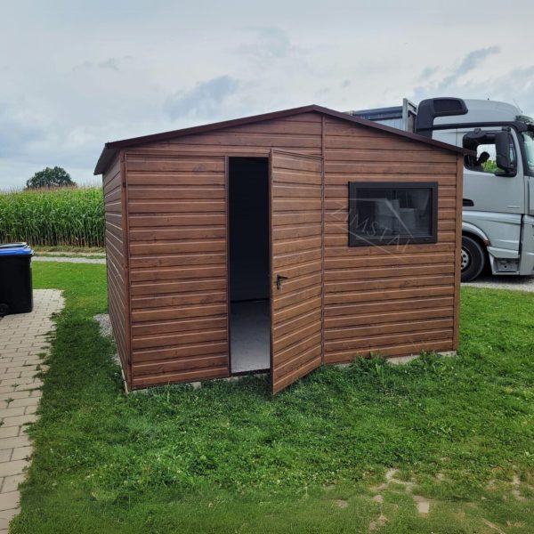 Garaż blaszany domek ogrodowy 3,5×3,5 dach dwuspadowy kolor drewnopodobny orzech