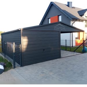 garaż blaszany 3x6 z wiatą 3x6 zadaszeniem jednostanowiskowy kolor grafit antracyt dwuspadowy brama uchylna antracyt