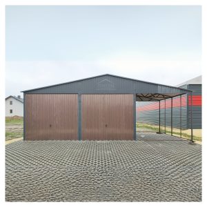 garaż blaszany 6x6 z wiatą 3x6 zadaszeniem dwustanowiskowy kolor grafit dwuspadowy brama uchylna orzech