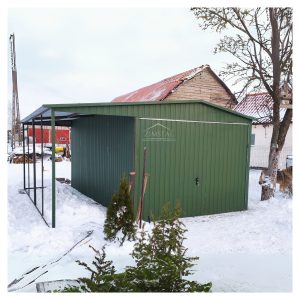 garaż blaszany 3x5 z wiatą 2x5 zadaszeniem jednostanowiskowy kolor zielony dwuspadowy brama uchylna