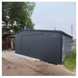 garaż blaszany 6x6 z wiatą 2x6 zadaszeniem kolor grafit antracyt dwuspadowy brama uchylna antracyt