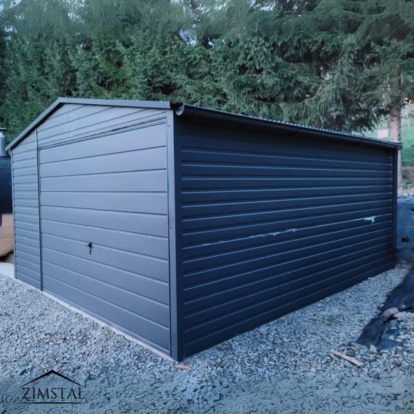 Garaż blaszany 4x5 dwuspadowy kolor grafit antracyt BTX 7016 brama uchylna poziomy panel