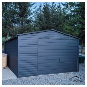 Garaż blaszany 4x5 dwuspadowy kolor grafit antracyt BTX 7016 brama uchylna poziomy panel