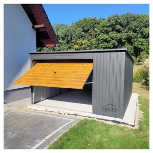 Garaż blaszany 4×5 dach jednospadowy kolor antracyt/złoty dąb