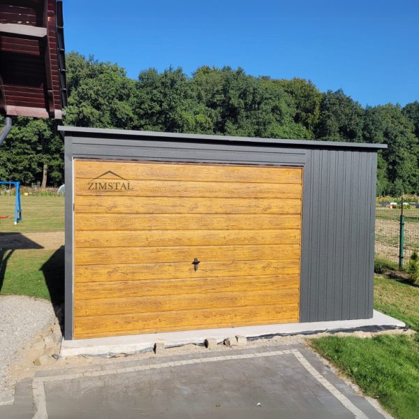 Garaż blaszany 4×5 dach jednospadowy kolor antracyt/złoty dąb