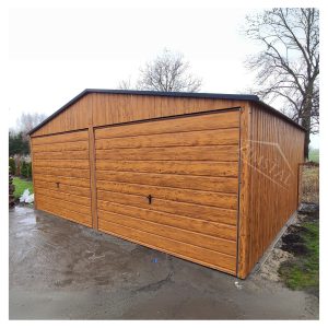 Garaż blaszany 6×6 dach dwuspadowy kolor drewnopodobny złoty dąb