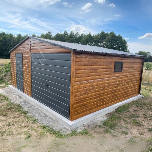 Garaż blaszany 6×6 dach dwuspadowy kolor drewnopodobny złoty dąb/antracyt