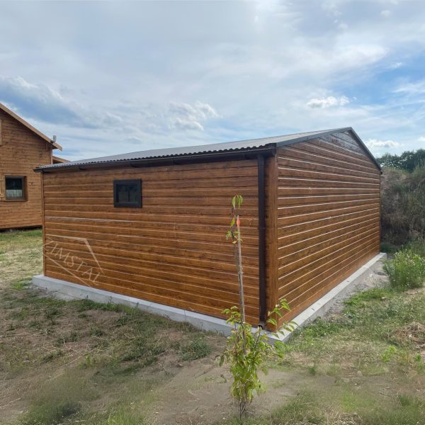 Garaż blaszany 6×6 dach dwuspadowy kolor drewnopodobny złoty dąb/antracyt
