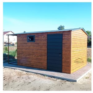 Garaż blaszany domek ogrodowy 4×3 z wiatą dach dwuspadowy kolor złoty dąb