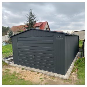 Garaż blaszany 4x6 dach dwuspadowy kolor antracyt grafit brama uchylna