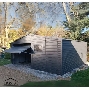 Garaż blaszany 6×5 kolor antracyt grafit BTX 7016 brama uchylna drzwi okno blaszak poziomy panel dwuspadowy okno