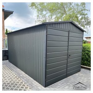 Garaż blaszany domek ogrodowy 2,5×3 dach dwuspadowy kolor grafit antracyt BTX7016 brama dwuskrzydłowa