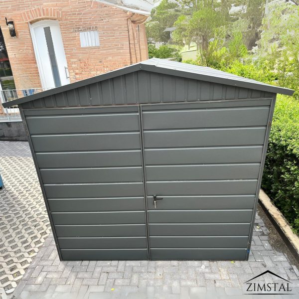 Garaż blaszany domek ogrodowy 2,5×3 dach dwuspadowy kolor grafit antracyt BTX7016 brama dwuskrzydłowa