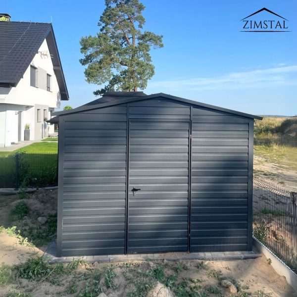 Garaż blaszany domek ogrodowy 3x3,5 dwuspadowy kolor antracyt grafit drzwi wejściowe okno