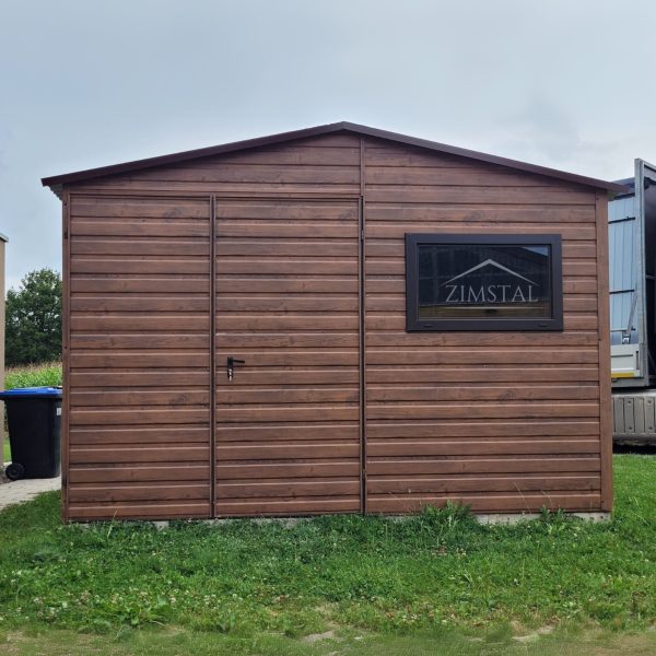 Garaż blaszany domek ogrodowy 3×3 dach dwuspadowy drewnopodobny BTX orzech drzwi dwuskrzydłowe okno