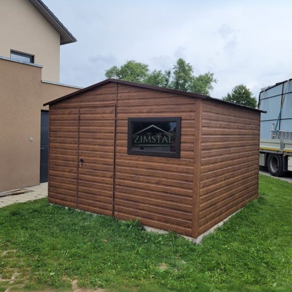 Garaż blaszany domek ogrodowy 3×3 dach dwuspadowy drewnopodobny BTX orzech drzwi dwuskrzydłowe okno