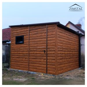 Garaż blaszany domek ogrodowy 3×3,5 dach spad boczny kolor BTX złoty dąb drzwi wejściowe okno