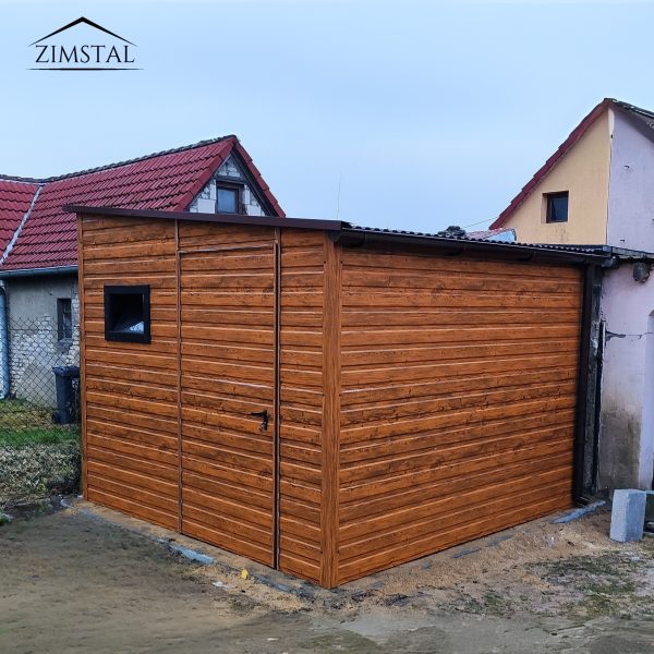 Garaż blaszany domek ogrodowy 3×3,5 dach spad boczny kolor BTX złoty dąb drzwi wejściowe okno