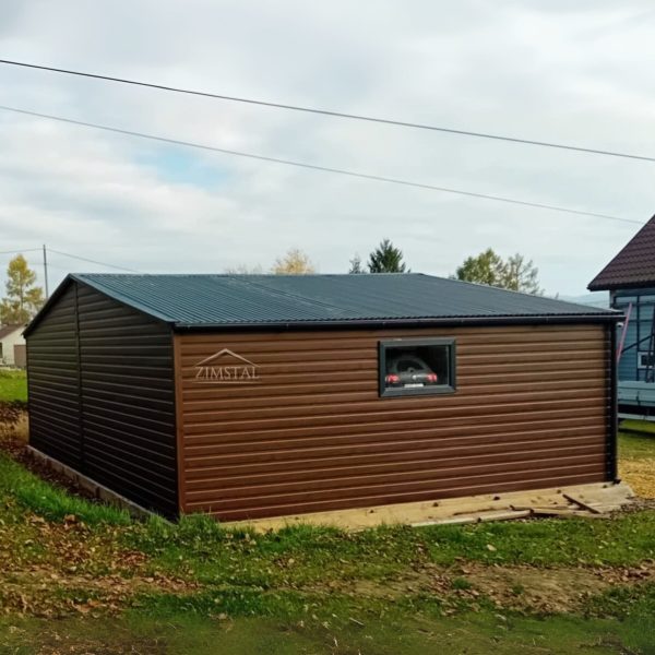 Garaż blaszany 8x6 dach dwuspadowy z wiatą zadaszeniem kolor drewnopodobny BTX orzech bramy uchylne drzwi wejściowe antracyt grafit