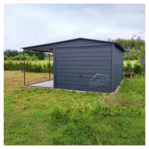 Garaż blaszany 3,5×6 z wiatą (zadaszeniem) dach dwuspadowy kolor BTX 7016