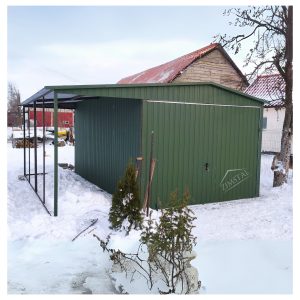 Garaż blaszany 3×5 z wiatą (zadaszeniem) dach dwuspadowy kolor zielony