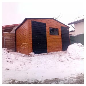Garaż blaszany domek ogrodowy 4×3 dwuspadowy kolor drewnopodobny & czarny