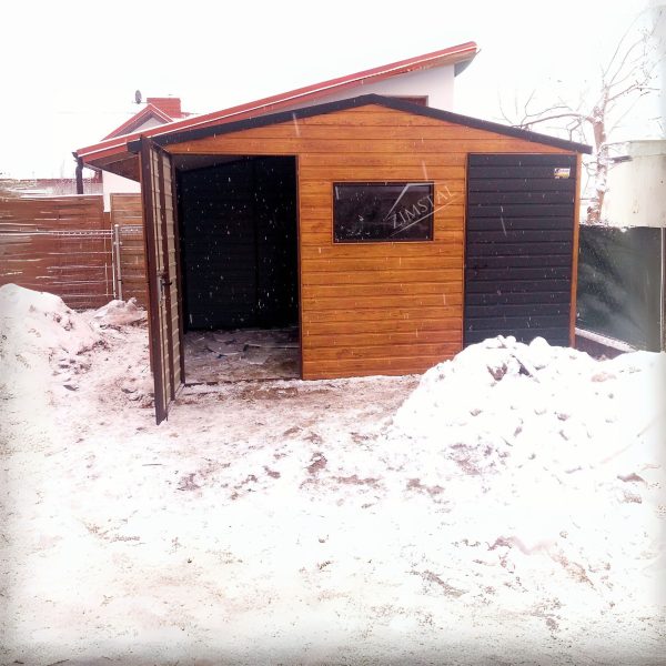 Garaż blaszany domek ogrodowy 4×3 dwuspadowy kolor drewnopodobny & czarny
