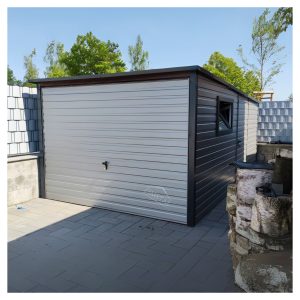 Garaż blaszany 3,5×6 BTX7016&RAL9006 brama uchylna drzwi okno