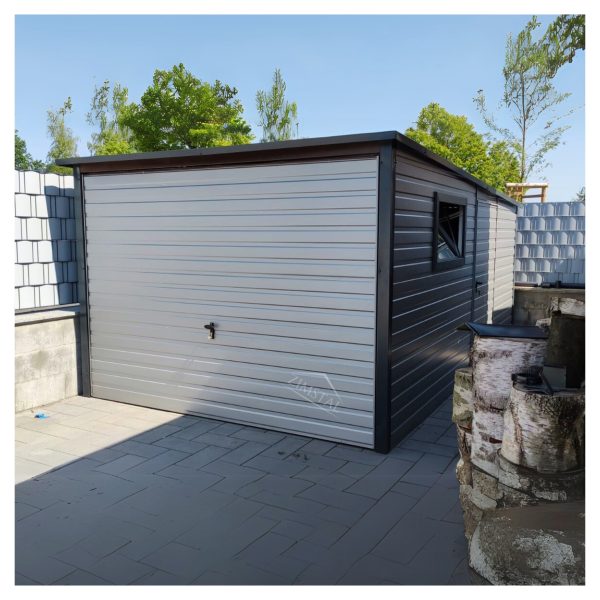 Garaż blaszany 3,5×6 BTX7016&RAL9006 brama uchylna drzwi okno