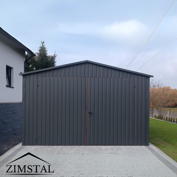 garaż blaszany jednostanowiskowy dwuspadowy antracyt grafit brama dwuskrzydłowa